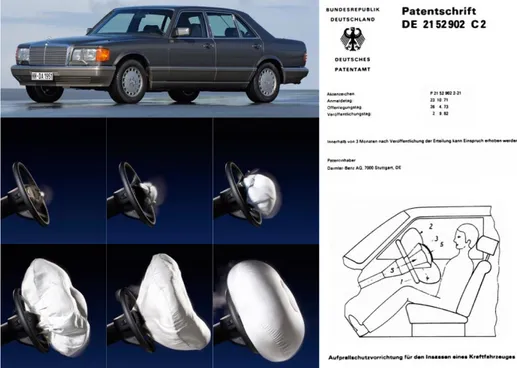 Figura 20. Mercedes clase S, generación 126 1º en equipar airbag para el conductor; secuencia despliegue airbag; y  solicitud de patente 