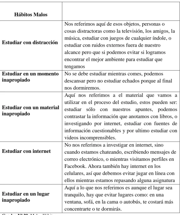 Cuadro Nº 29: Malos Hábitos 