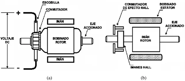 Figura 2. Elementos de un motor DC: (a) Motor brushed DC, y (b) Motor brushless DC [9]