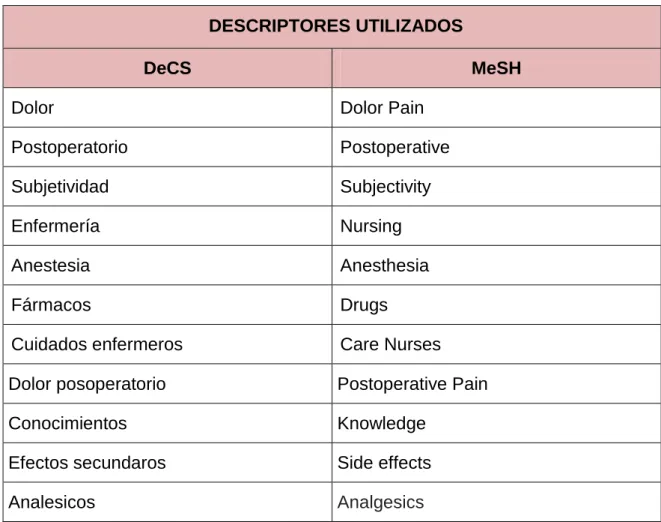Tabla 4: Descriptores utilizados. 