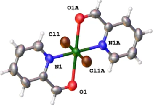 Figure 3. Perspective view of compound 2 showing the atom numbering. Selected bond lengths  (Å)  and  angles  (º):  Cu(1)-Cl(1)  2.299(1),  Cu(1)-N(1)  1.989(4),  Cu(1)-O(1)  2.443(4),   Cl(1)-Cu(1)-Cl(1A),  Cl(1)-Cu(1)-Cl(1A)  180.00(1),  N(1)-Cu(1)-N(1A)