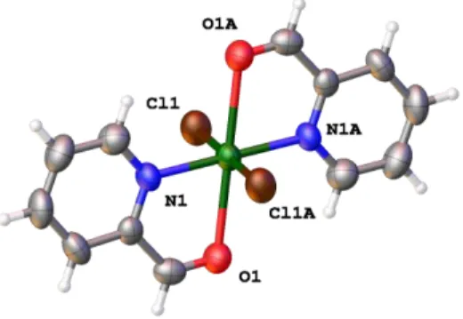 Figure 3. Perspective view of compound 2 showing the atom numbering. Selected bond lengths  (Å)  and  angles  (º):  Cu(1)-Cl(1)  2.299(1),  Cu(1)-N(1)  1.989(4),  Cu(1)-O(1)  2.443(4),   Cl(1)-Cu(1)-Cl(1A),  Cl(1)-Cu(1)-Cl(1A)  180.00(1),  N(1)-Cu(1)-N(1A)