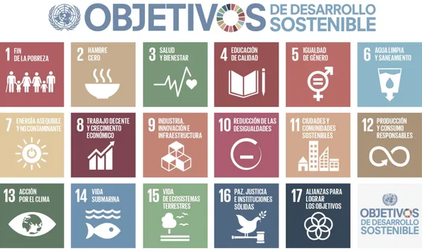 Fig 4. Los 17 Objetivos de Desarrollo Sostenible de la Agenda 2030. Fuente: Organización de las Naciones  Unidas, 2016