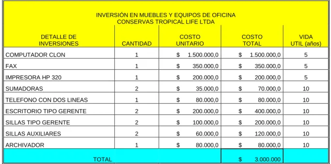 Cuadro 2.   Inversión en muebles y equipos de oficina.  