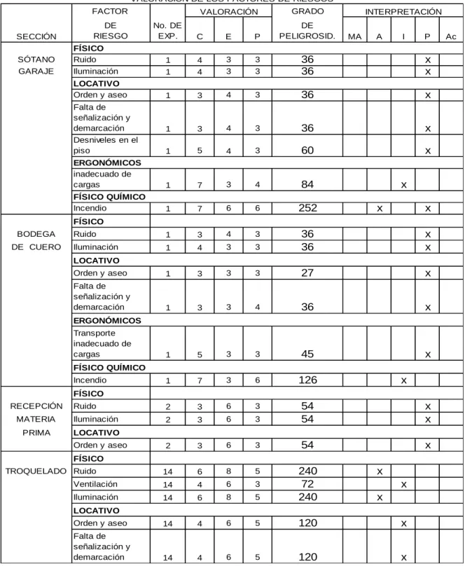 Tabla  5. Valoración de los factores de riesgos 