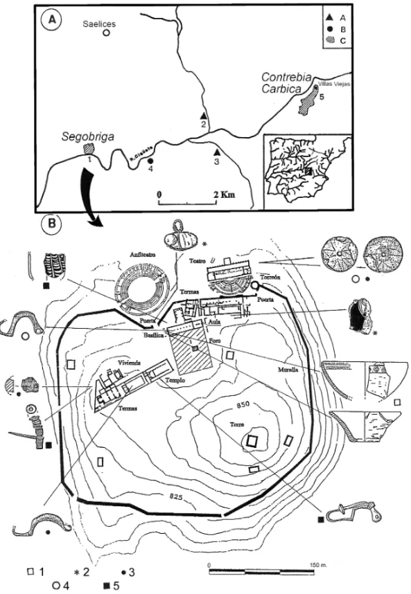 Fig. 1. A. Mapa de localización de los yacimientos con materiales de la Edad del Hierro de