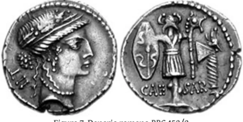 Figura 7. Denario romano RRC 452/2,   emitido en Iliria durante el año 48 a.C. 
