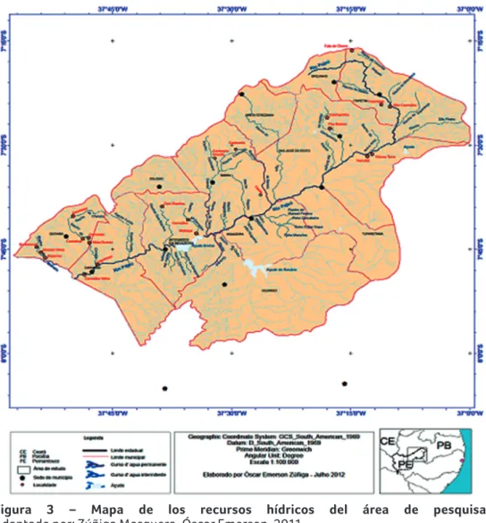 Figura 3 – Mapa de los recursos hídricos del área de pesquisa  Adaptado por: Zúñiga Mosquera, Óscar Emerson, 2011.