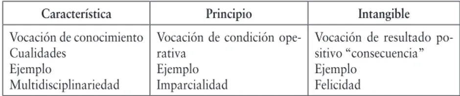 TABLA 1. Vocación de características, principios e intangibles