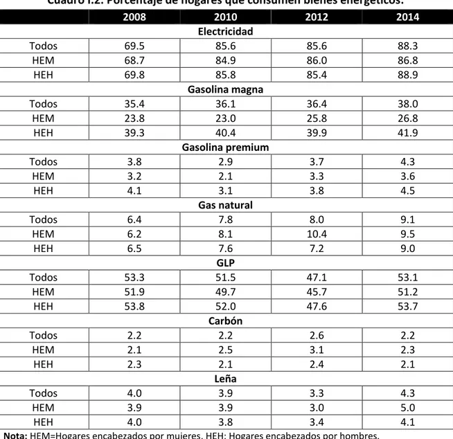 Cuadro I.2: Porcentaje de hogares que consumen bienes energéticos. 