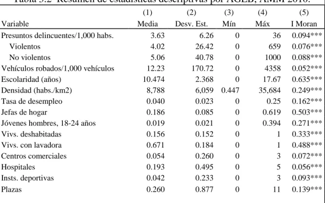 Tabla 3.2  Resumen de estadísticas descriptivas por AGEB, AMM 2010. 