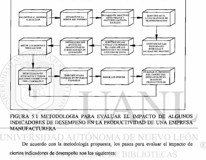 FIGURA 5.1  M E T O D O L O G I A PARA EVALUAR EL IMPACTO DE  A L G U N O S  INDICADORES DE DESEMPEÑO EN LA PRODUCTIVIDAD DE  U N A  E M P R E S A  M A N U F A C T U R E R A 