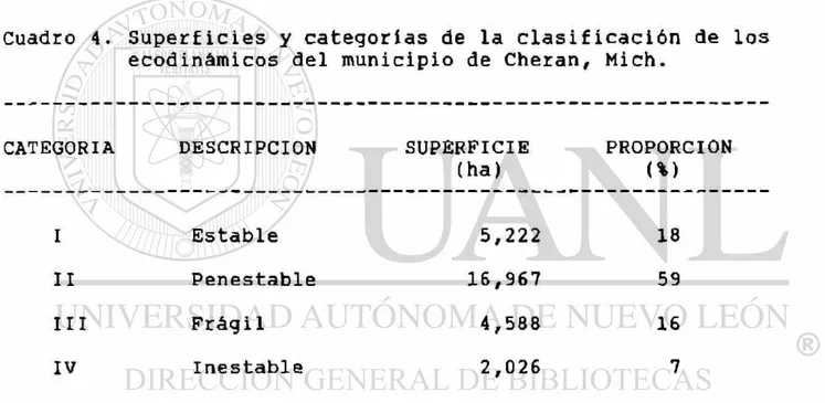Cuadro 4. Superficies y categorías de la clasificación de los  ecodinámicos del municipio de Cheran, Mich
