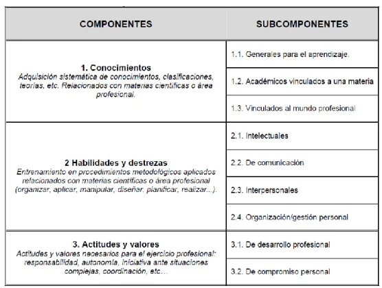 Tabla 1: Componentes y subcomponentes de las competencias 