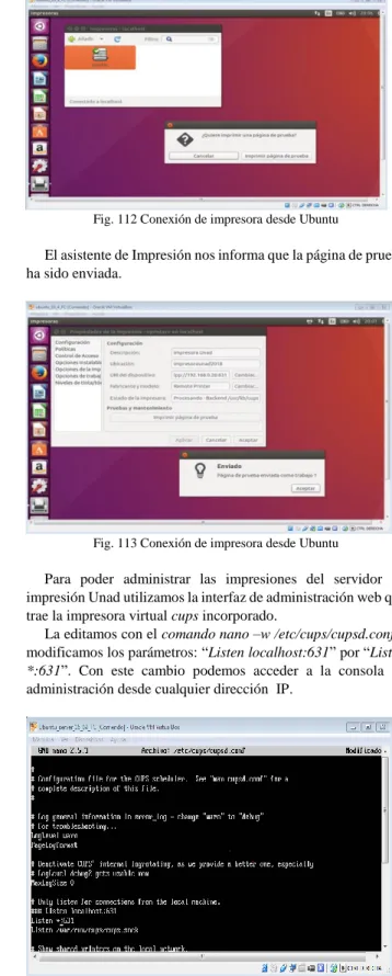 Fig. 110 Conexión de impresora desde Ubuntu       Realizamos la descripción de la impresora