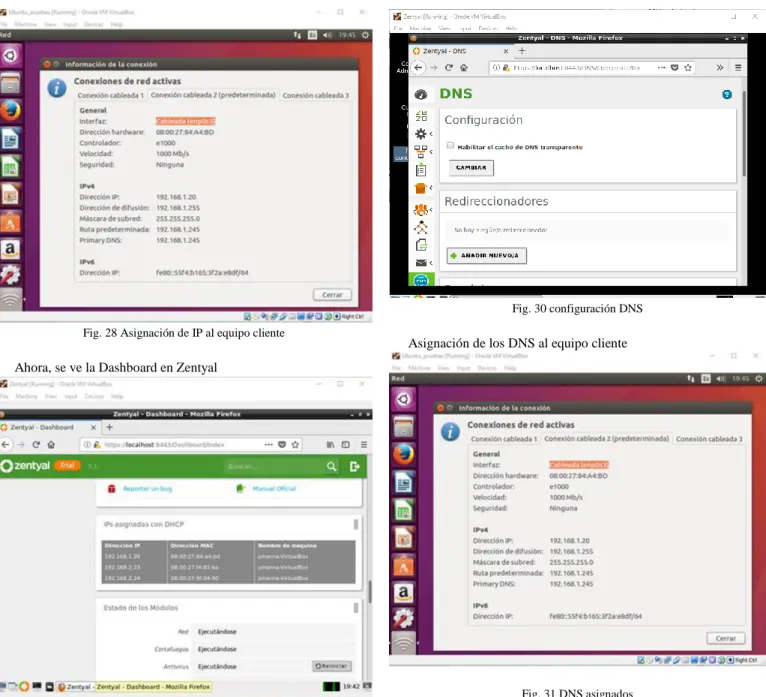 Fig. 28 Asignación de IP al equipo cliente        Ahora, se ve la Dashboard en Zentyal 