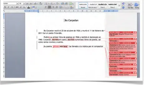 Figura 6. Ejemplo del uso de la herramienta “Revisar” del editor de textos. 