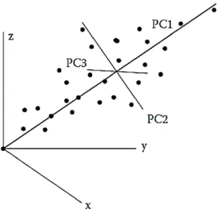 Figura 8. Representación gráfica de la descomposición en componentes  principales de un conjunto de muestras definidas por tres variables 