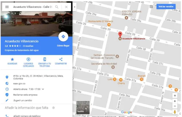 Figura 1. Ubicación de la sede principal de la EAAV E.S.P. en la ciudad de Villavicencio  Fuente: Google Maps, 2017