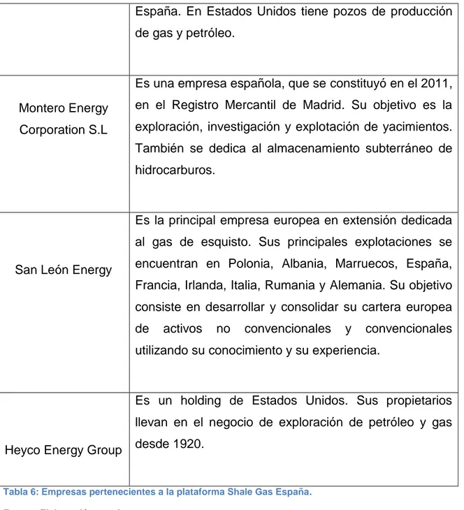 Tabla 6: Empresas pertenecientes a la plataforma Shale Gas España.   Fuente: Elaboración propia