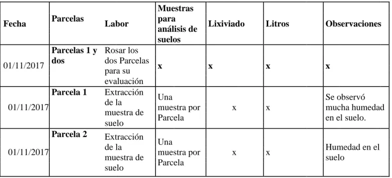 Tabla 4 Registros de las labores realizadas en el Parcela 1 