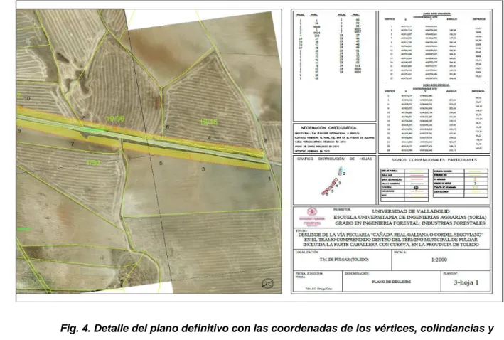 Fig. 4. Detalle del plano definitivo con las coordenadas de los vértices, colindancias y  demás leyenda