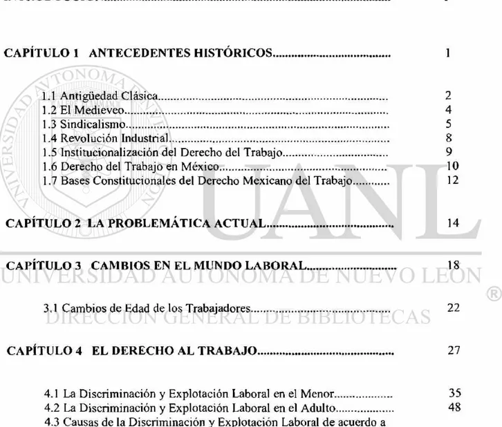 TABLA DE  C O N T E N I D O  PÁGINA  I N T R O D U C C I Ó N i  C A P Í T U L O 1  A N T E C E D E N T E S HISTÓRICOS 1  1.1 Antigüedad Clásica 2  1.2 El Medieveo 4  1.3 Sindicalismo 5  1.4 Revolución Industrial 8 