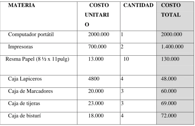 Tabla 6: Recursos materiales y costos 