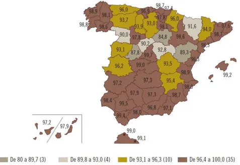 Figura 2.4. Mapa de la cobertura 3G en España 2013 (porcentajes de población).   Fuente: http://cnmcblog.es/ 