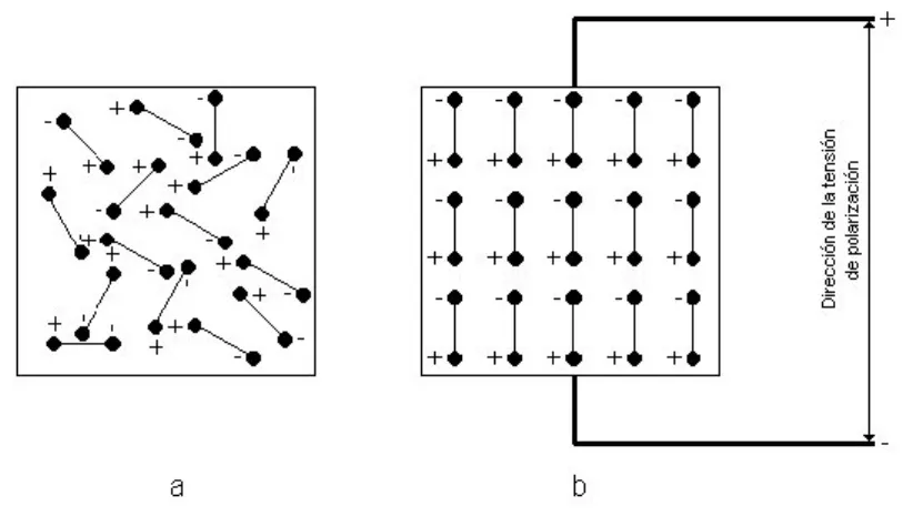 Figura 5.4: Dipolos en cerámicas piezoeléctricas (a) antes y (b) después de la polarización 