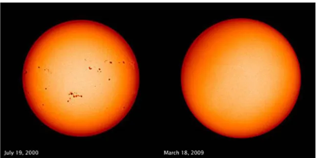 Figura 2.1: Fotos tomadas con 9 años de diferencia en las que se observa la actividad solar (Fuente:  Nasa, Abril 2018) 
