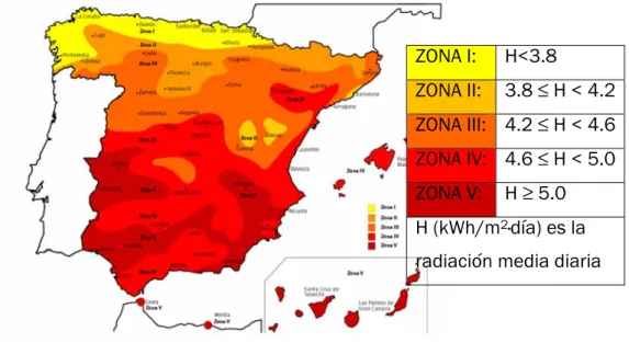 Figura 1.2. Mapa de España con la representación de la radiación solar diaria media 