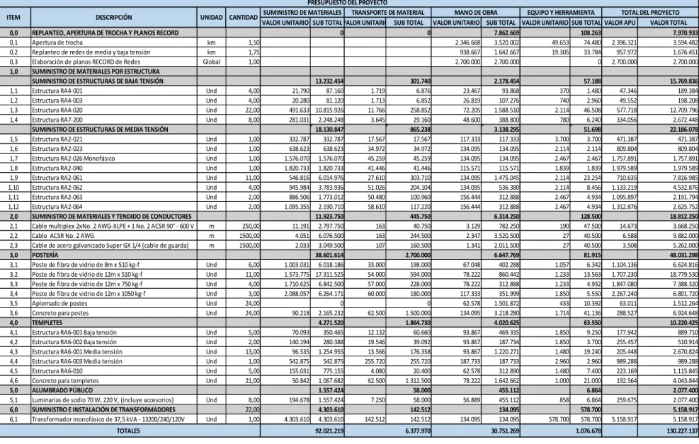 Tabla 6. Presupuesto del proyecto. 