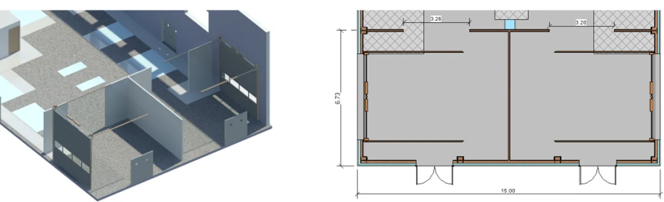 Figura 3.3.12: Vista 3D y en planta de la zona de almacenaje de mercanc´ıas