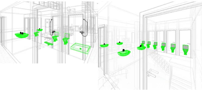 Figura 4.3.3: Vistas 3D de los aparatos colocados en los ba˜ nos de la nave (izquierda) y de las oficinas (derecha)