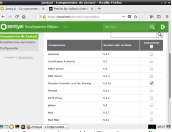 Figura  4.1:  Se  activa la  opción  “Domain  controller  and  file Sharing” desde los componentes de Zentyal.