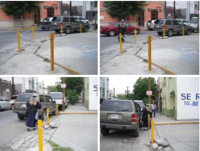 Figura  12.  Barreras  para  peatones  ocasionados  por  propietarios  en  las  calles  del  Centro de Monterrey
