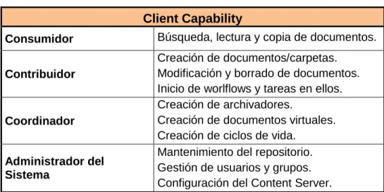 Tabla 1 – Niveles de capacidades de un usuario sobre la aplicación cliente. 