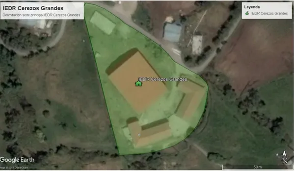 Imagen 1. Mapa delimitación del terreno IEDR Cerezos Grandes, municipio de Chipaque – Cundinamarca  Fuente: La autora mediante el recurso Google Earth Pro 