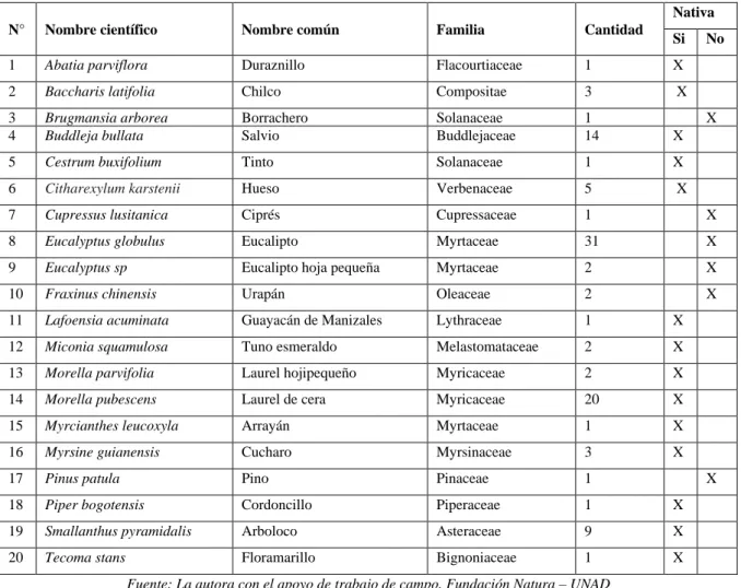 Tabla 12. Sondeo especies forestales predominantes en las ocho fincas visitadas