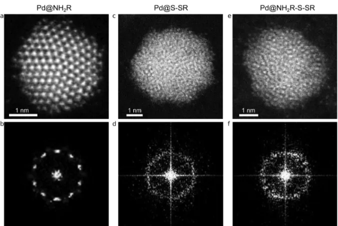 Figure 1. Representative aberration-corrected HAADF-STEM images of the three kinds of Pd nanoparticles studied: (a) dodecylamine-protected palladium nanoparticles, (b) FFT of (a), (c) dodecanethiolate-protected palladium nanoparticles, (d) FFT of (c), (e) 