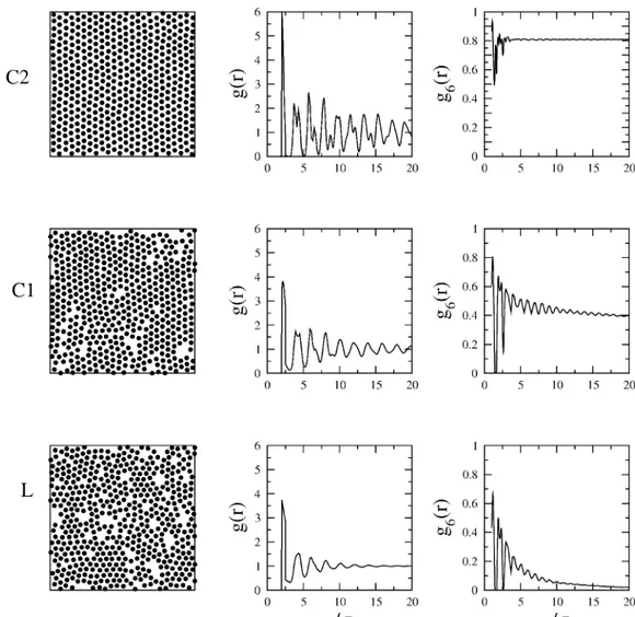 Figure 4. Particle configuration, translational correlation function, g(r), and orientational correlation function, g 6(r), for four different states of the system at T2* ) 0.8