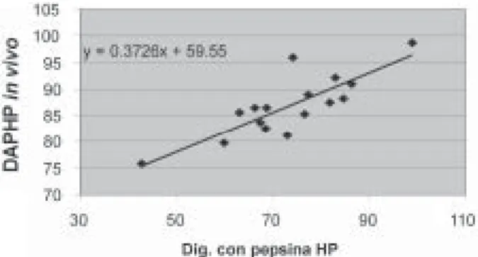 Fig. 2. Regresión lineal entre la digestibilidad in vitro con pepsina diluida (sin corrección por proteína suluble) y la  di-gestibilidad in vivo (DAPHP).
