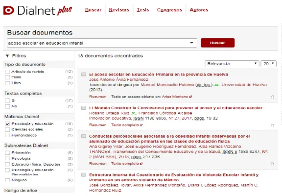 Ilustración 3. Captura de pantalla de búsqueda sobre acoso escolar en la etapa de educación  infantil en Dialnet