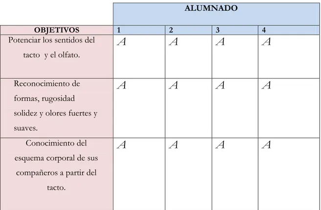 Tabla 3 de objetivos: “¿Qué o quién soy?”. (A:  objetivo alcanzado; E.P: objetivo en proceso; N.C:  objetivos no conseguido)