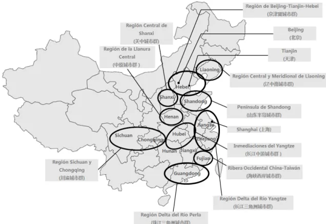 Figura 3. Distribución Geográfica de las Ciudades Clúster en China 