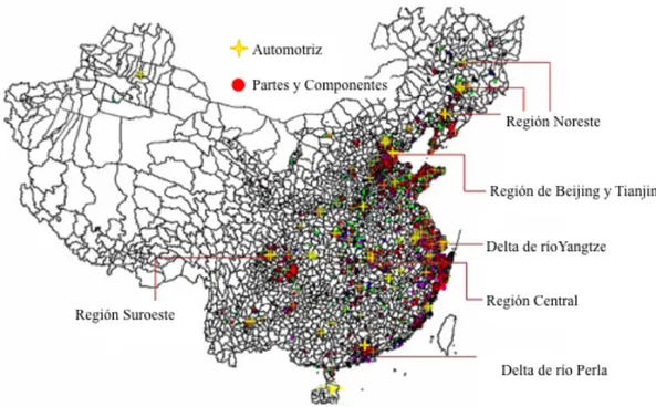 Figura 6. Ubicación geográfica: clústeres automotrices y clústeres de  autopartes/componentes en China 