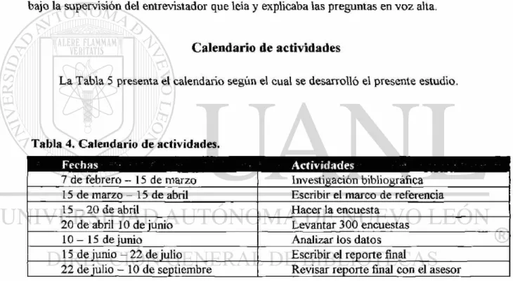 Tabla 4. Calendario de actividades. 