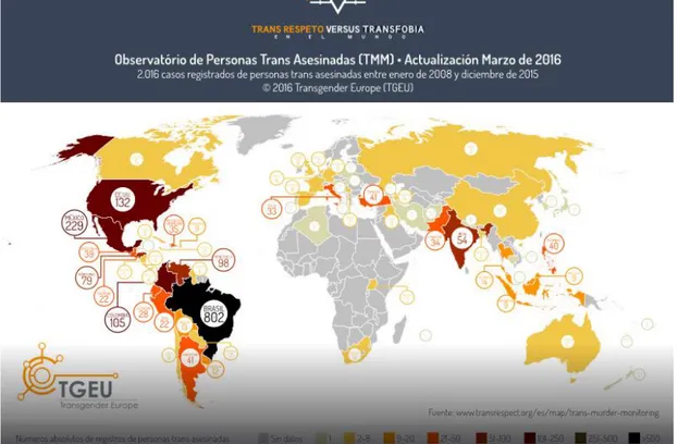 Figura 3: Mapa basado en los registros de homicidios transfóbicas en el mundo (2016) Fuente: Observatorio  de Personas Trans Asesinadas en el mundo (2016)