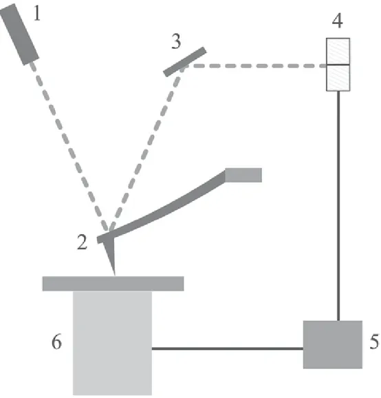 FIGURA 8. Diagrama esquemático de un AFM. 1 diodo laser ; 2 cantiléver; 3 espejo; 4  fotodetector; 5 electrónica; 6 porta muestra